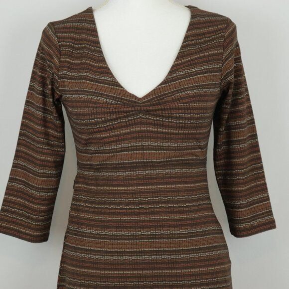 Toad&Co Rosalinda Women's Small Brown Tan Cotton V-Neck 3/4 Sleeve Sheath Dress - Picture 2 of 9